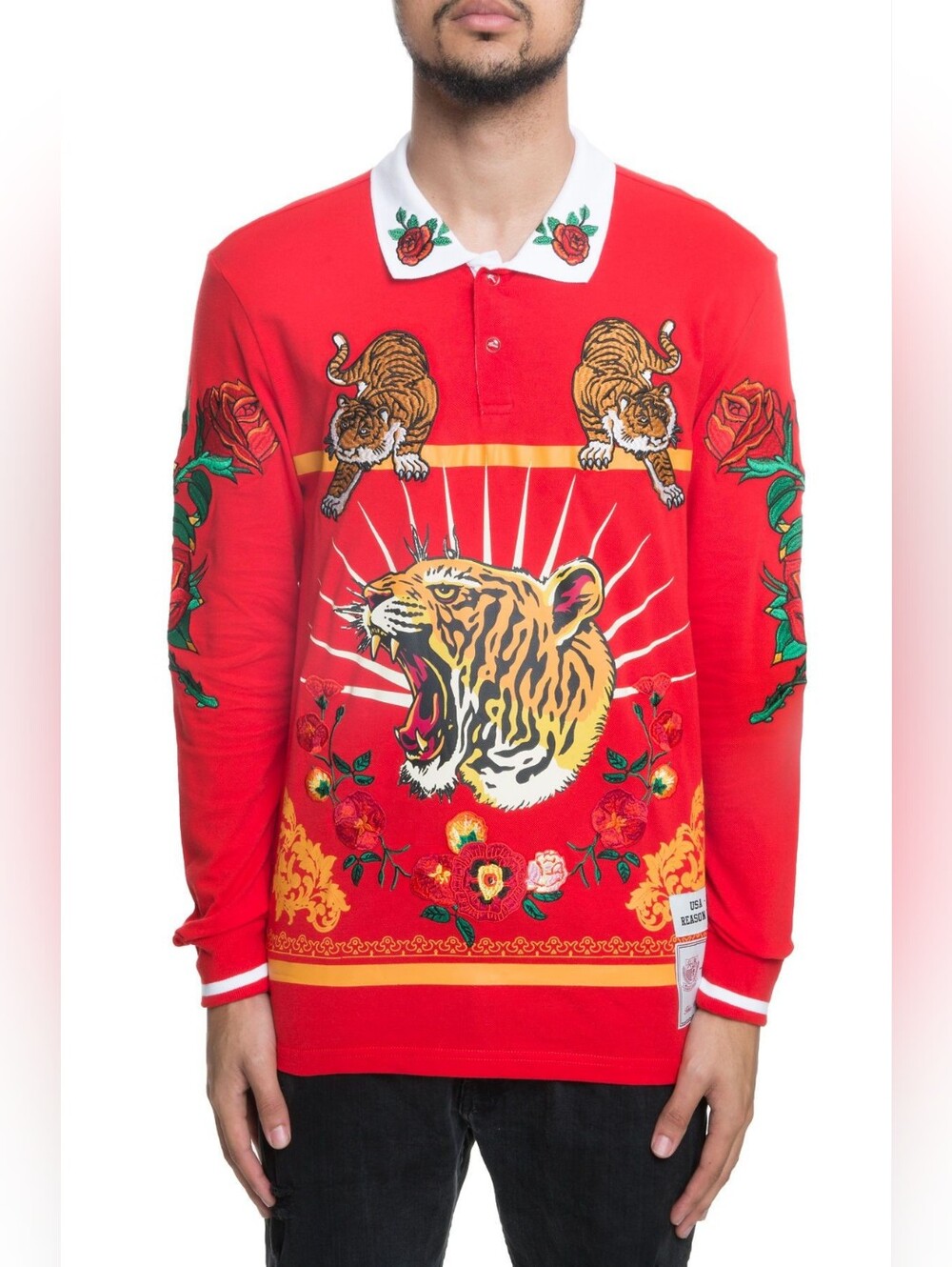 REASON Clothing Red Tiger Rugby Polo Shirt Embroidered Roses Streetwear M